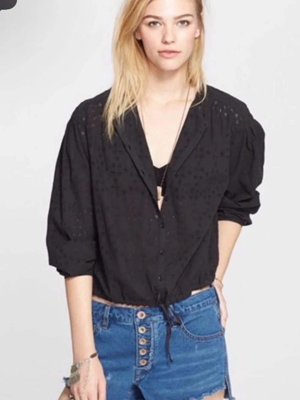 Free People Eyelet Button-Front Blouse in black